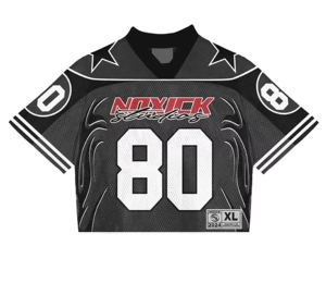 เสื้อเจอร์ซีย์สตรีทแวร์อเมริกันฟุตบอลสไตล์เรโทรแบบกำหนดเอง แฟชั่นเสื้อครอปตาข่ายพิมพ์ลายหมายเลขด้วยเทคนิคซับลิเมชั่น เสื้อครอปฟุตบอล - Product Image 1