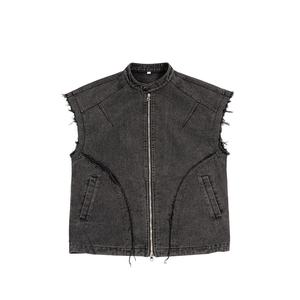 Blouson universitaire unisexe d'hiver en denim délavé avec col montant, logo avant effiloché, fermeture éclair, 100 % coton, manteau écologique - Product Image 1