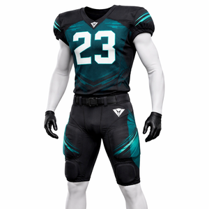 ชุดยูนิฟอร์มอเมริกันฟุตบอลแบบกำหนดเองสำหรับผู้ชาย เสื้อเจอร์ซีย์สีดำ-เขียวอมฟ้าและกางเกงขายาว โพลีเอสเตอร์ระบายอากาศได้ดี ชุดกีฬาสำหรับทีมฝึกซ้อม - Product Image 3