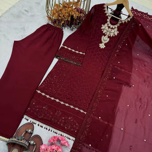 Ensemble de costume 3 pièces en faux georgette brodé de qualité supérieure – Collection de broderies à la main de qualité export - Product Image 1