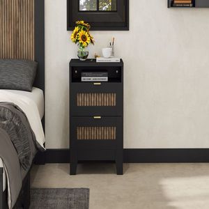 Comodino in Legno Stile Rustico con 2 Cassetti, Decorazione Distintiva con Listelli in Legno, Tavolino Laterale con Armadietto Portaoggetti, Comodino in Metallo - Product Image 1