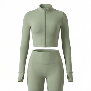 2 Piece Yoga Set Solid Green Full Sleeve Crop <b>Top</b> High Waist Leggings Zipper Front <b>Sweat</b> Wicking Breathable Sportswear - Product Image 1