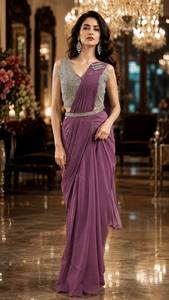 Elegante Sari de Seda Azul con Blusa Adornada para Bodas, Corte Regular, Largo hasta el Suelo, de la India y Pakistán - Product Image 3