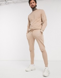 Men's Beige Crew Neck <b>Tracksuit</b> Full Sleeve Solid Color Casual Sweatshirt and Pants Set Breathable Midweight Cotton Autumn Wear - Product Image 4