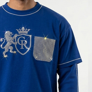 T-shirt homme double couche avec strass blancs OEM, manches 2 en 1, t-shirt décontracté d'été pour homme avec strass - Product Image 5