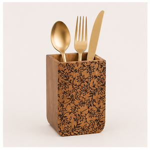 Porte-couverts en bois de Sheesham artisanal de luxe avec motifs floraux complexes, support de qualité supérieure pour cuillères et fourchettes en bois - Product Image 6