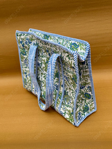 Handcrafted Quilted Blue Green Floral Tote <b>Bag</b> Printed <b>Fabric</b> Shoulder Handbag Lightweight Everyday Carry Designer Shopping <b>Bag</b> - Product Image 2