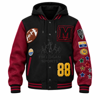 Veste universitaire à capuche personnalisée en gros, avec patchs en chenille, style Letterman, noir et bordeaux, style baseball bomber streetwear