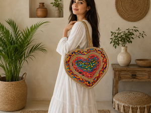 Sac fourre-tout portable en polyester fait main avec fermeture éclair, en forme de cœur, coloré, en tissu recyclé tressé, style bohème, pour le shopping et la plage, avec chaînes - Product Image 1