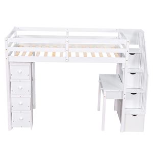 Letto a soppalco bianco singolo con cassetti contenitore, scrivania e scale, in legno, con mensole, per bambini - Product Image 5