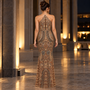Statement Bronze Embellished Evening Gown Halter Neck Keyhole Bodice Geometric Beadwork | Fitted Floor Length Sheath Party <b>Dress</b> - Product Image 4