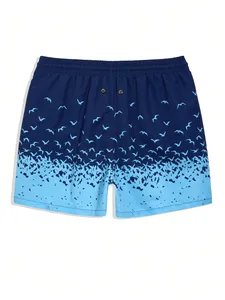 Shorts de plage pour hommes à imprimé mouettes dégradé bleu avec cordon de serrage à la taille, séchage rapide, fabriqués au Pakistan - Product Image 2