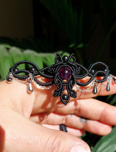 Handmade Black Macrame <b>Amethyst</b> <b>Bracelet</b> Silver Dangle Charm Gothic Bohemian Style Adjustable Cord Jewelry - Product Image 4