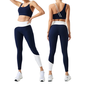 Women's 2 Piece Yoga Set Navy <b>Blue</b> Contrast White Seamless High Waist Leggings Crop Top Racerback Sports <b>Bra</b> Full Length - Product Image 1