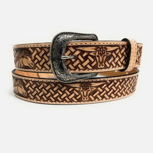 Custom Black Brown Tan Genuine Western Leather Tooling <b>belt</b> with contrast stitching and brass antique designer <b>cowboy</b> buckle - Product Image 3