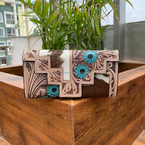 Cartera de mano de piel de vaca real, billetera tallada a mano, cuero de Color turquesa Vintage, tarjetas de crédito, billetera en efectivo, regalos - Product Image 2