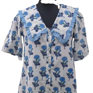 เสื้อพิมพ์ลายดอกไม้สำหรับผู้หญิงผ้าฝ้ายลำลองพิมพ์ลายบล็อกด้วยมือสวยงาม - Product Image 1