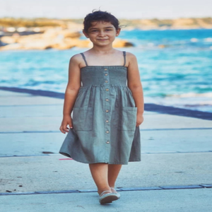 Beautiful Spring Wear Kids <b>Strap</b> Casual Gray Midi Dress Featuring With Front Buttons & Two Front Pockets Made With Pure Cotton - Product Image 3