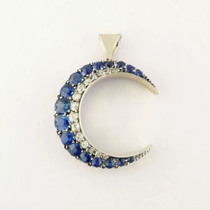 Half Moon Pendant Cushion Sapphire and Round Moissanite Gemstone 925 Sterling <b>Silver</b> Fine Jewelry Pendant <b>Charm</b> Gift - Product Image 1