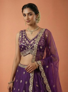 Lehenga Choli en Georgette Brodé Violet avec Paillettes et Motifs Floraux, Salwar Kameez pour Femme, Tenue Formelle pour Fête et Mariage - Product Image 2