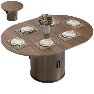 Tavolo da Cucina Stile Fattoria in Noce da 60 Pollici, Estensibile per 6 Persone, con Ripiano a 2 Livelli e Porte Scorrevoli Scanalate - Product Image 2
