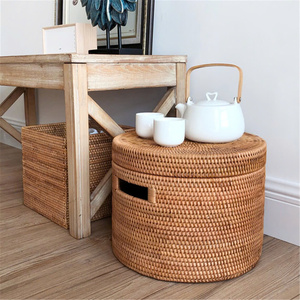 Panier de rangement rond en rotin, best-seller, avec couvercle et poignées découpées, pour la maison, l'hôtel, la station balnéaire, le salon, l'étagère, le bureau, la décoration - Product Image 5