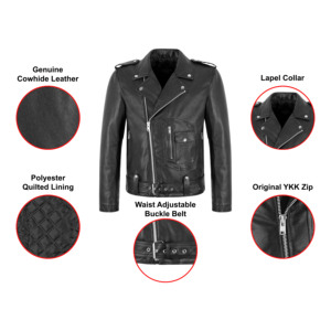 Custom 100% Genuine Cowhide Leather <b>Jacket</b> <b>Mens</b> Biker Style Quilted Lining Lapel Collar Waist Belted YKK Zips Winter - Product Image 3