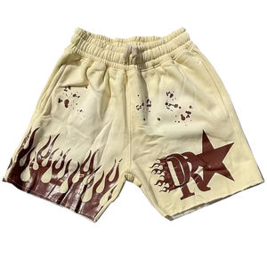 Shorts de survêtement amples pour hommes en molleton de coton épais rose, style streetwear, avec imprimé graphique étoile flamme, vente en gros - Product Image 4