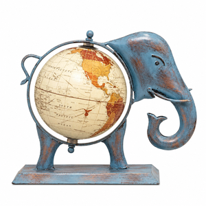 Art Deco Metal Blue Antique Finish <b>Elephant</b> Globe | Vintage World Globe <b>Decorative</b> Statue | Handmade Metal Tabletop Home Office - Product Image 1