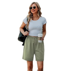 Women's Solid Color Knitted Shorts With <b>Drawstring</b> Elastic Waist Casual Loose Fit Mid Rise Regular Style olive Green color - Product Image 1