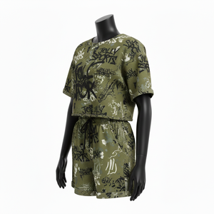 Ensemble court pour femme, crop top et short, jersey coton polyester GSM, imprimé vert street, logo personnalisé par transfert thermique, 100% coton. - Product Image 4