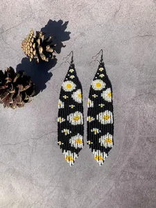 Daisy Bead Fringe <b>Earrings</b> - Boho Black fringe <b>earrings</b> - long beaded <b>earrings</b> - handmade beadwork <b>earrings</b> - boho bead flowers - Product Image 3