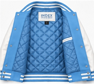 Chaqueta Varsity Azul para Hombre, Marca Index, con Mangas Blancas, Logotipo Bordado, Cuello Camisero, Cierre de Botones, para Otoño - Product Image 3