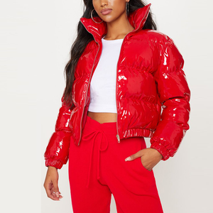Cropped <b>Quilted</b> Puffer <b>Jacket</b> Women Winter Stand Collar Zipper Closure Full Sleeve Thick PU Coated <b>Jacket</b> - Product Image 1