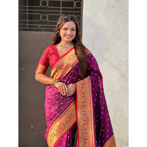 Sari de Seda Elite Weaves Wine Fusion con Zari Tejido Bandhani Paithani, Protección Solar, Secado Rápido, Tradicional, 650g, Estilo Indio-Pakistaní - Product Image 5