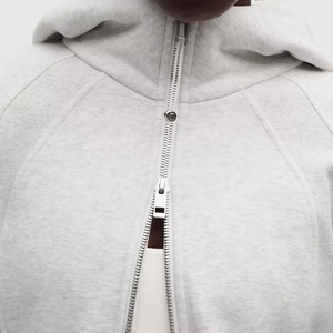 Comfortable Custom Women's Light Gray Full Zip <b>Hooded</b> <b>Fleece</b> <b>Jacket</b> Knitted Cotton Minimalist Athletic Autumn Thumb Hole <b>Jackets</b> - Product Image 5