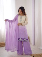 Ensemble Kurti ethnique d'Asie du Sud en faux georgette lourd avec broderie de sequins, pantalon doublé et dupatta assorti pour femme HI 1712
