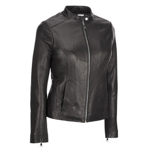 Women Genuine <b>Leather</b> Moto Biker Jacket Stand Collar Full Sleeve Zipper Closure Autumn/Winter Style Solid Color Regular Length - Product Image 1