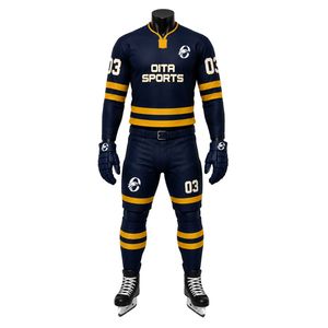 Navy Gold Ice Hockey Set for Men Jersey Shorts Socks Gloves Professional Team Uniform Breathable <b>Athletic</b> Match Training Wear - Product Image 1