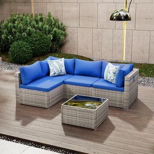 Set Divano Sezionale da Esterno a 5 Pezzi in Rattan PE Intrecciato con Tavolino in Vetro, Resistente alle Intemperie, per Balcone - Product Image 3
