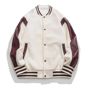 Veste universitaire crème pour homme avec manches en PU bordeaux, rayures, col rabattu, fermeture éclair, vêtement d'automne - Product Image 1