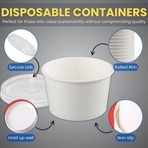 Confezione da 50 Ciotole di Carta Bianche da 350 ml, Contenitori Monouso per Dessert Freddi e Caldi, Coppette per Gelato con Coperchio - Product Image 1