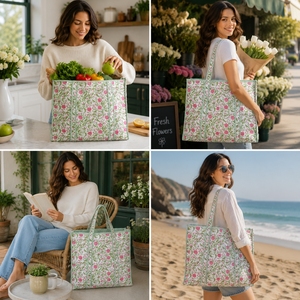 Cotton Quilted Handmade Eco-Friendly Reversible Tote Bag Bohemian Open Top All Seasons Summer Autumn Beach Solid Color Style - Product Image 1