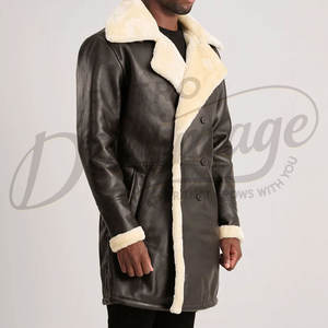 Abrigo Largo de Cuero Genuino Negro para Hombre, Abrigo de Invierno Cálido con Forro de Piel de Oveja Crema, Abrigo de Lujo con Cuello de Piel - Product Image 5