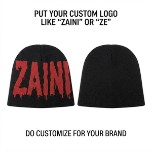 Gorro de Punto Acrílico Premium ZAINI, 220 GSM, Cálido, Acanalado, para Invierno, con Corona Cosida y Bordado, Negro y Rojo - Product Image 1