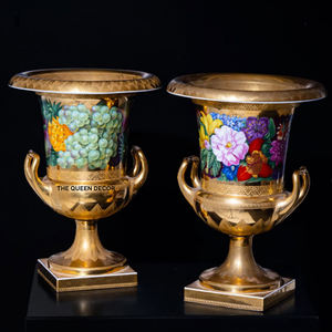 Vase décoratif de table de style luxueux en laiton doré, forme ronde, émail imprimé, pour arrangement floral à la maison - Product Image 1