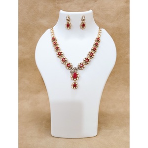 925 Silver Victorian Polki CZ <b>Ruby</b> Leaf Motif Floral Drop <b>Necklace</b> Earring Set Indian Bridal Handmade Antique Gold Plated - Product Image 1