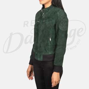 Bliss Custom Logo Branding Genuine Suede <b>Leather</b> Bomber <b>Jacket</b> for Women's Green Ribbed Green Suede Warm Winter <b>Leather</b> <b>Jackets</b> - Product Image 2