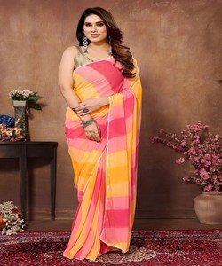 Sari de una pieza con estampado digital rosa y naranja con blusa para mujer, ropa tradicional india para bodas - Product Image 1