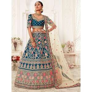 Precioso Lehenga Choli de seda bordada en azul azulado con accesorio para el tocado - Product Image 5